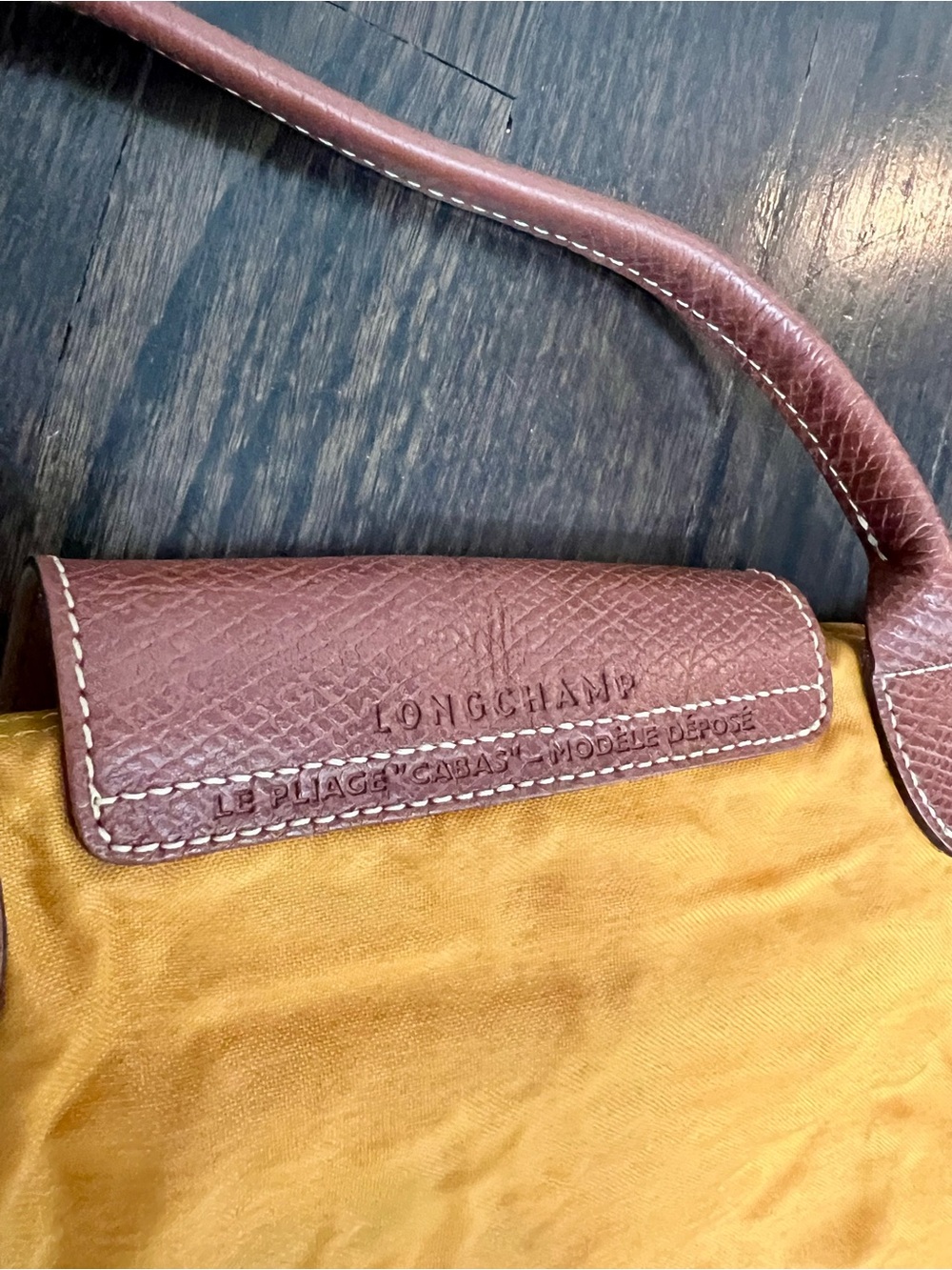 Longchamp Le Pliage Large Tote Mustard Yellow Brown Leather Foldable Bag - Picture 7 of 10
